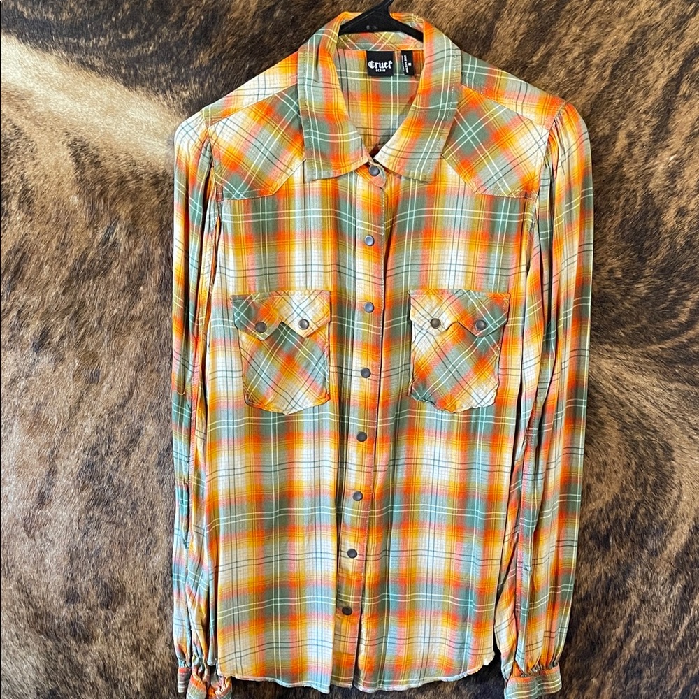 Orange and green plaid button down